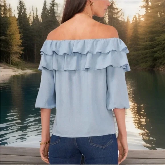 Sam and Jess Double Ruffle Off The Shoulder Blouse Light Blue Chambray Size XSP - Picture 3 of 13